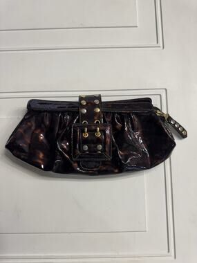 BE & D Patent Tortoise Shell Leather Fold Over Clutch Handbag Gold Buckle